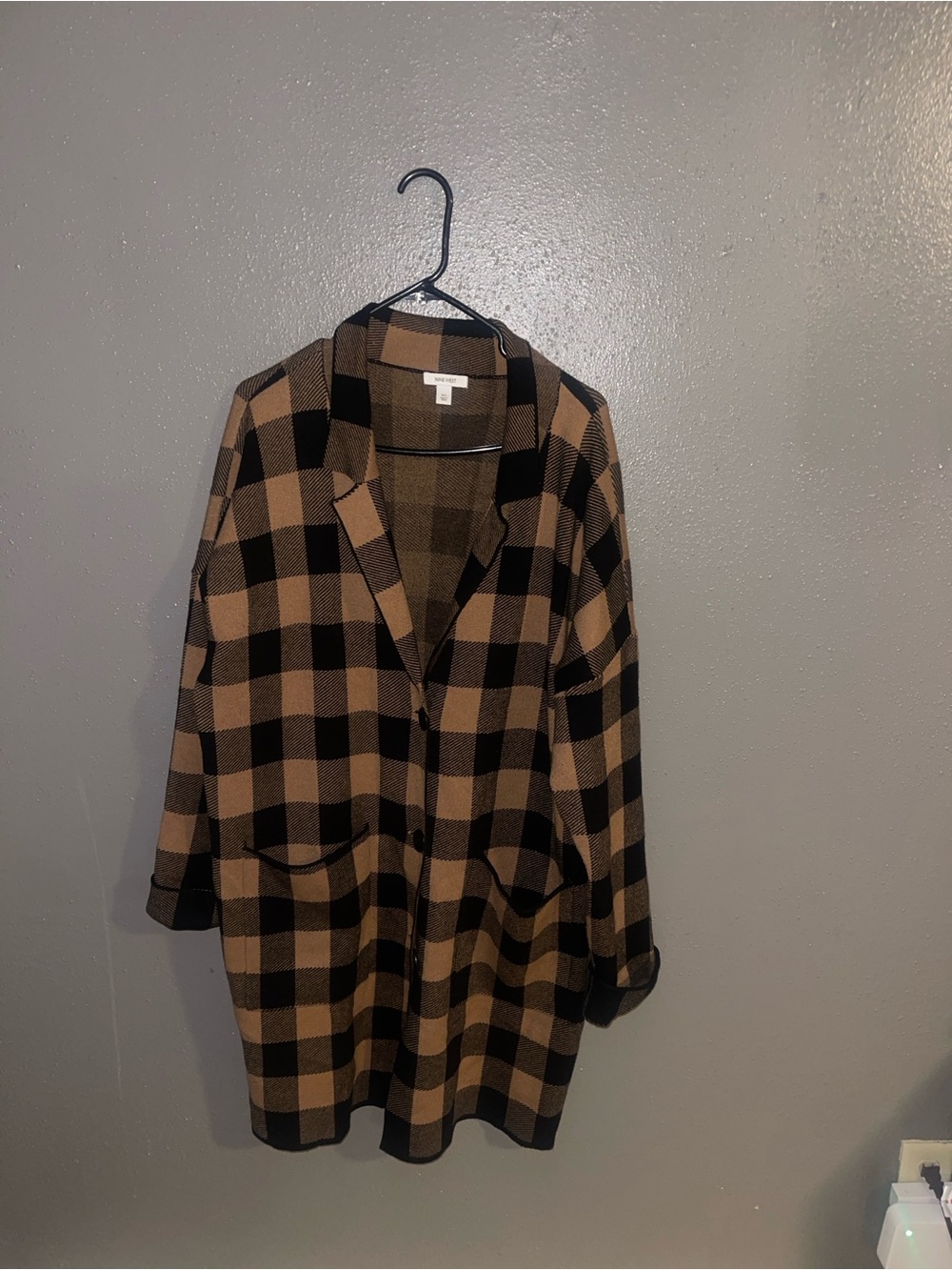Nine West Black & Tan Plaid Open-Front Trench Coat
